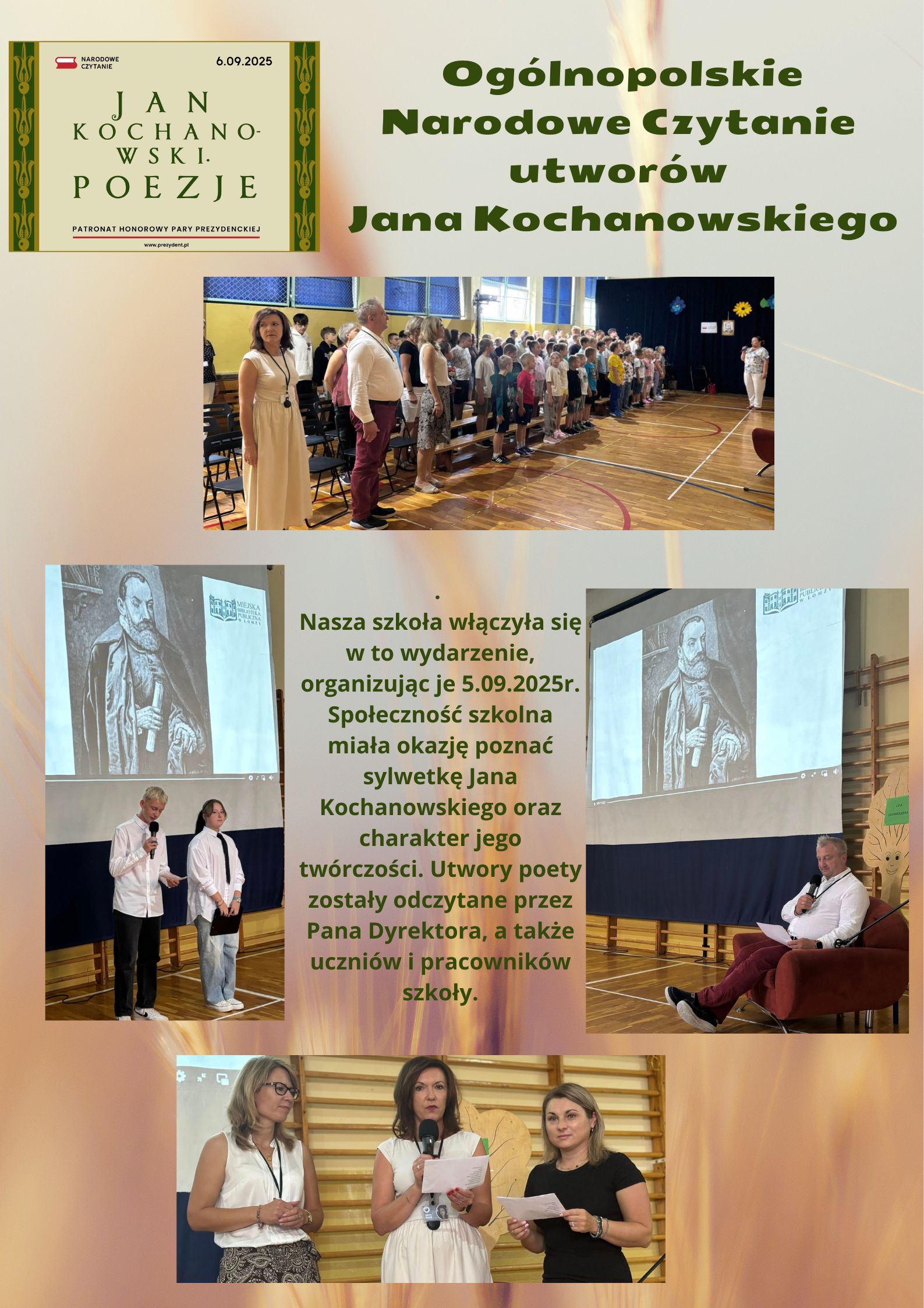 uż jutro odbędzie się ogólnopolskie Narodowe Czytanie utworów Jana Kochanowskiego. Nasza szkoła również włączyła się w to wydarzenie organizując je już dzisiaj. Społeczność szkolna miała okazję p