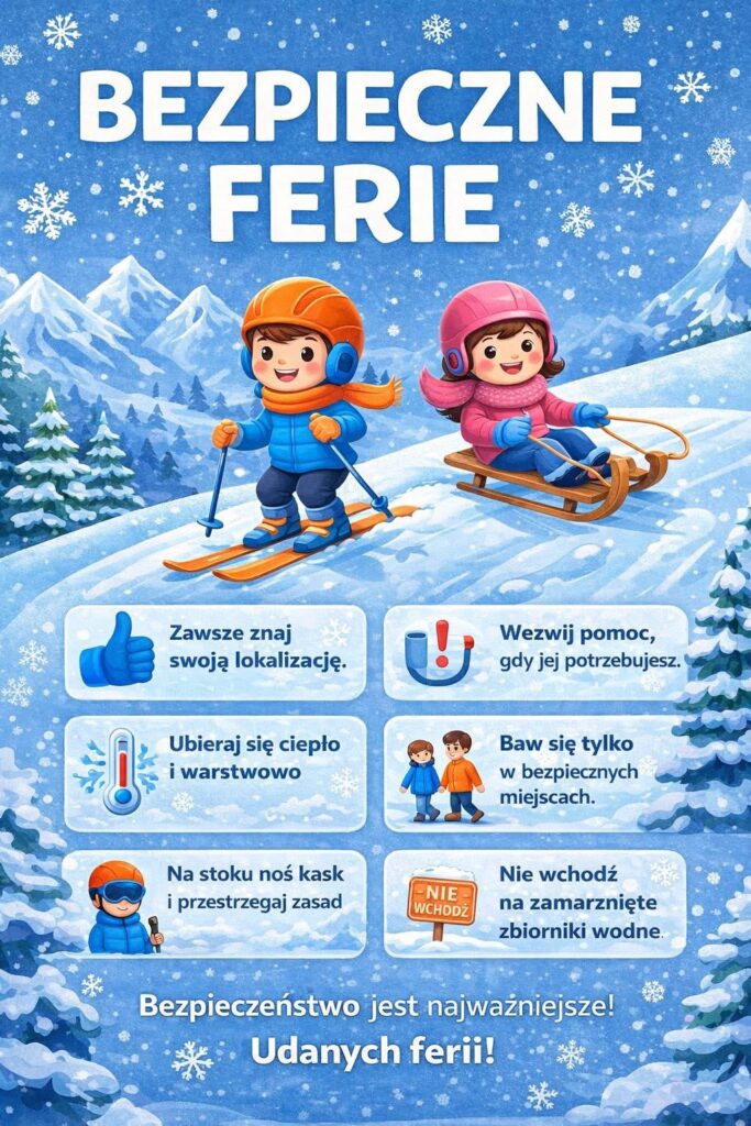 Plakat „Bezpieczne ferie” z ilustracją dzieci na nartach i sankach oraz listą zasad bezpieczeństwa podczas zimowych zabaw.