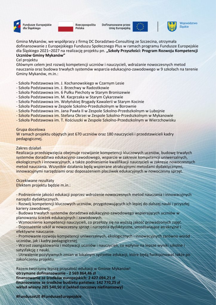 Informacja o projekcie edukacyjnym Gminy Mykanów dofinansowanym z Funduszy Europejskich na lata 2021–2027.