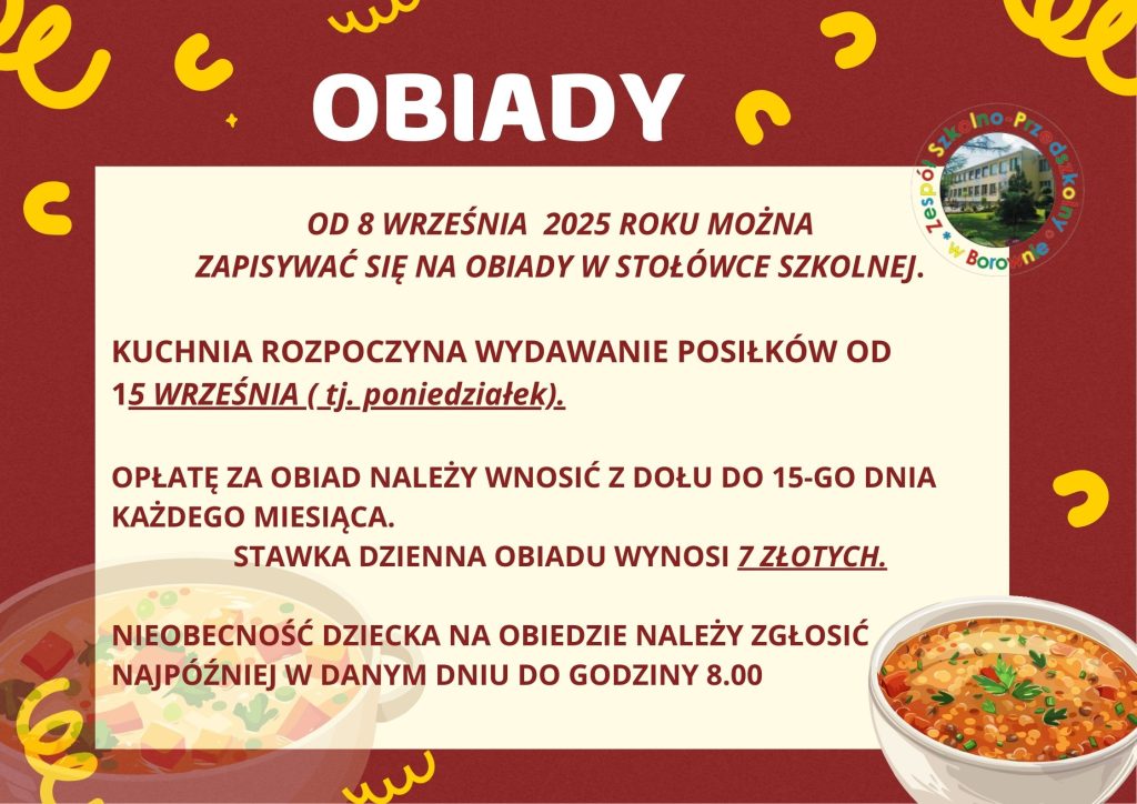 Informacja o zapisach na obiady szkolne od września 2025.