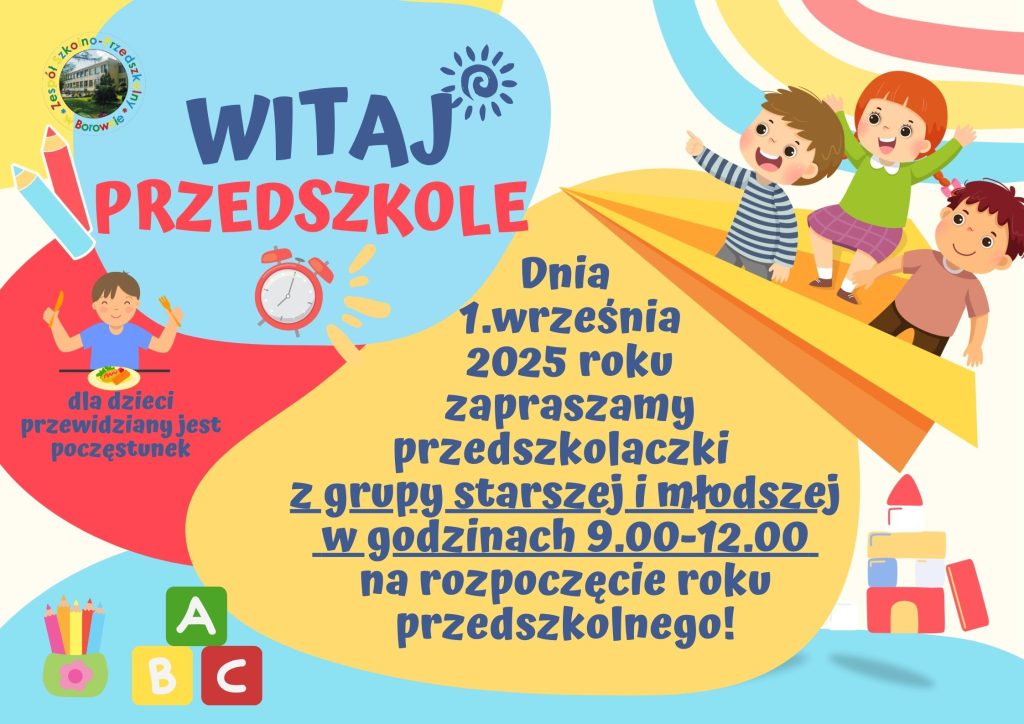 Informacja o rozpoczęciu roku przedszkolnego 1 września 2025 w godzinach 9:00–12:00.