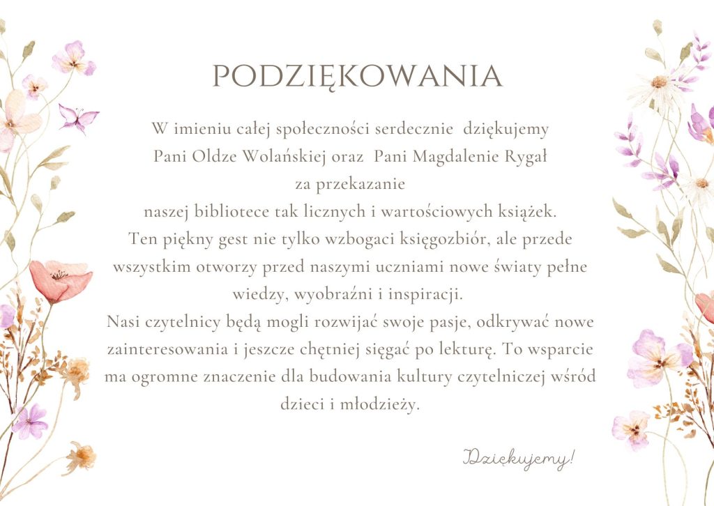 Grafika z podziękowaniami za przekazanie wartościowych książek do biblioteki szkolnej.