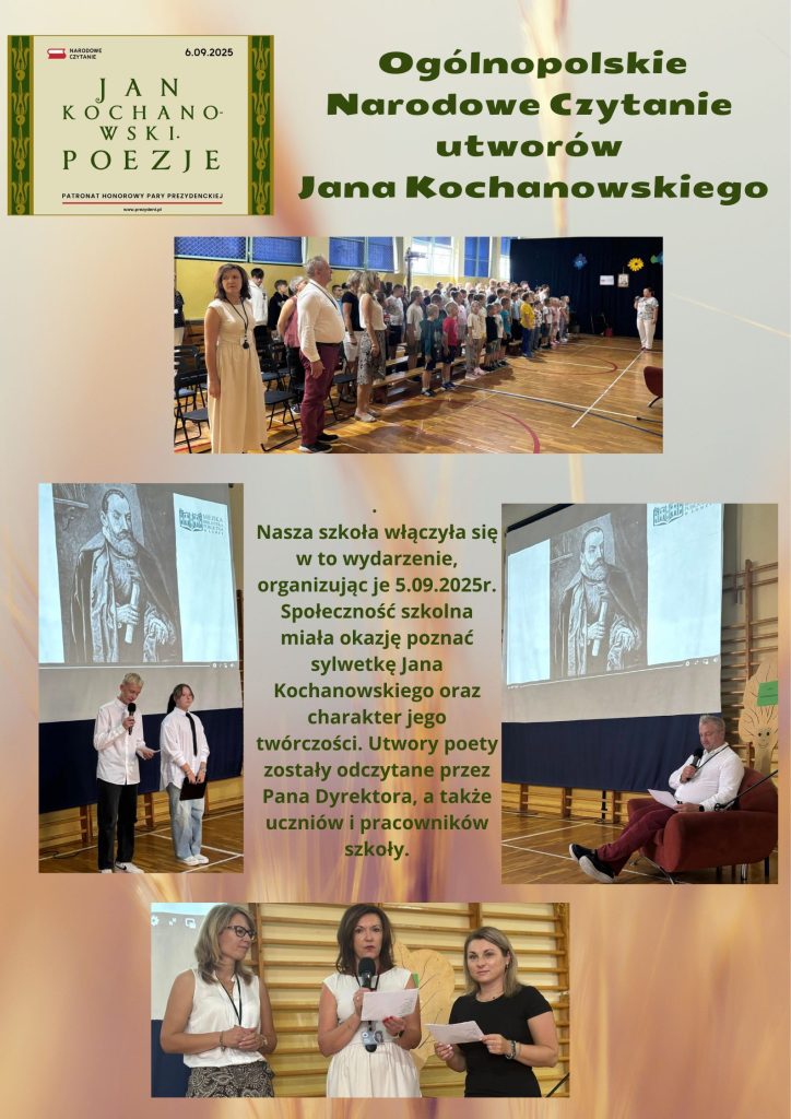 Relacja z Ogólnopolskiego Narodowego Czytania utworów Jana Kochanowskiego w szkole.