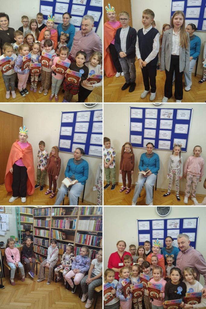olaż sześciu zdjęć z wydarzenia szkolnego: uczniowie z dyplomami i nagrodami, fragment przedstawienia z osobą w koronie, oraz ujęcia grupowe i dzieci siedzących w bibliotece.