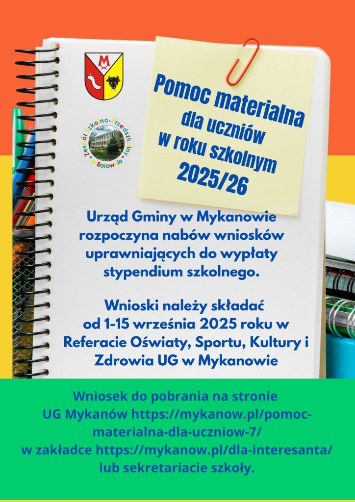 Informacja o naborze wniosków o pomoc materialną dla uczniów w Gminie Mykanów.