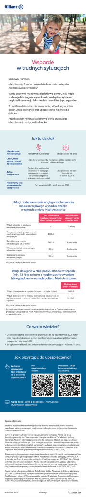 Grafika informacyjna Allianz o grupowym ubezpieczeniu na życie dla dzieci oraz pakiecie Medi-Assistance.