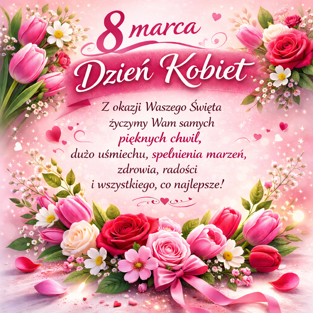Kartka z życzeniami na 8 marca - Dzień Kobiet, z bukietem róż i tulipanów na różowym tle.