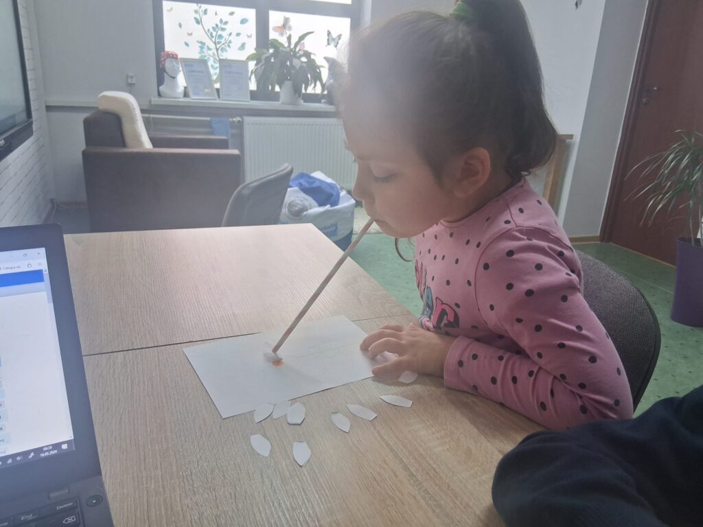 Ćwiczenie oddechowe-przenoszenie płatków kwiatka za pomoca słomki