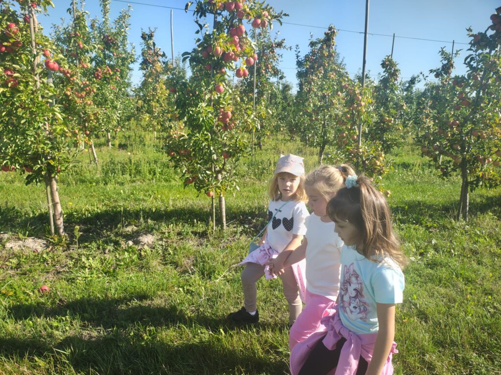 trzy dzieczynki w sadzie